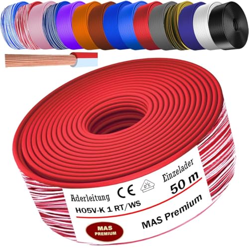 MAS Premium Von 5 bis 100m Aderleitung H05 V-K 1 mm² BLWS BR DBL DBLWS GNGE GR HBL OR RS RT RTWS SW U-MAR.BL VIO oder WS Einzelader flexibel (Rot-Weiß, 50m) von MAS Premium