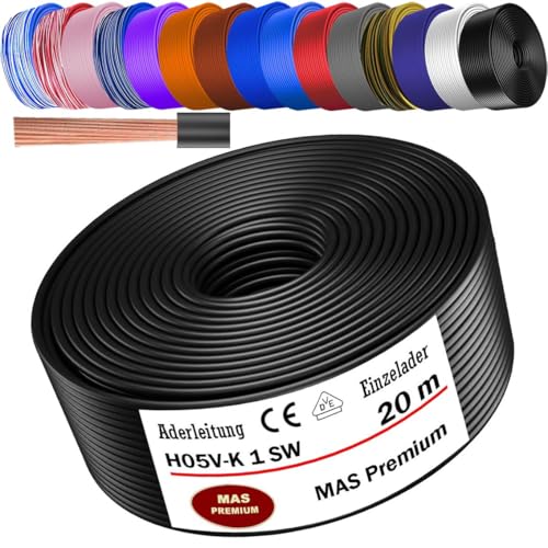 MAS Premium Von 5 bis 100m Aderleitung H05 V-K 1 mm² BLWS BR DBL DBLWS GNGE GR HBL OR RS RT RTWS SW U-MAR.BL VIO oder WS Einzelader flexibel (Schwarz, 20m) von MAS Premium