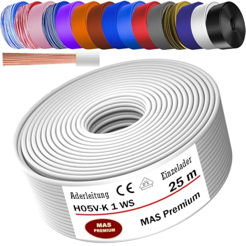 MAS Premium Von 5 bis 100m Aderleitung H05 V-K 1 mm² BLWS BR DBL DBLWS GNGE GR HBL OR RS RT RTWS SW U-MAR.BL VIO oder WS Einzelader flexibel (Weiß, 25m) von MAS Premium