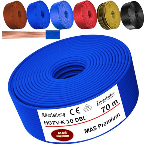 MAS Premium Von 5 bis 100m Aderleitung H07 V-K 10 mm² Schwarz, Braun, Dunkelblau, Grüngelb, Hellblau oder Rot Einzelader flexibel (Dunkelblau, 70m) von MAS Premium