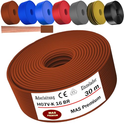 MAS Premium Von 5 bis 100m Aderleitung H07 V-K 16 mm² Schwarz, Braun, Dunkelblau, Grüngelb, Grau, Hellblau oder Rot Einzelader flexibel (Braun, 30m) von MAS Premium