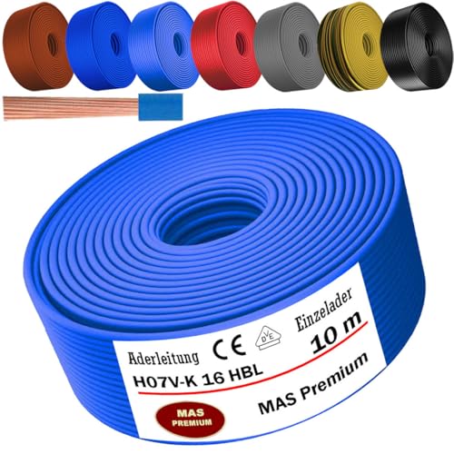 MAS Premium Von 5 bis 100m Aderleitung H07 V-K 16 mm² Schwarz, Braun, Dunkelblau, Grüngelb, Grau, Hellblau oder Rot Einzelader flexibel (Hellblau, 10m) von MAS Premium