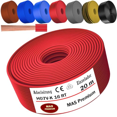 MAS Premium Von 5 bis 100m Aderleitung H07 V-K 16 mm² Schwarz, Braun, Dunkelblau, Grüngelb, Grau, Hellblau oder Rot Einzelader flexibel (Rot, 20m) von MAS Premium