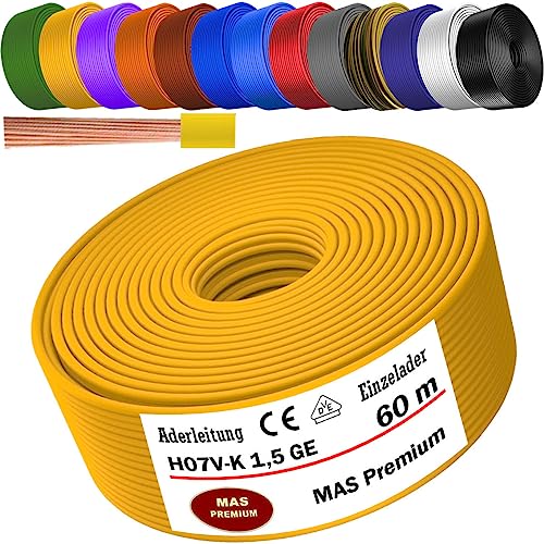 MAS Premium Von 5 bis 100m Aderleitung H07 V-K 1x1,5 mm² SW HBL GNGE GN RT DBL BR OR GR WS VIO U-MAR.BL RS RTWS DBLWS oder GE Einzelader flexibel (Gelb, 60m) von MAS Premium