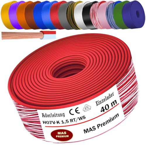 MAS Premium Von 5 bis 100m Aderleitung H07 V-K 1x1,5 mm² SW HBL GNGE GN RT DBL BR OR GR WS VIO U-MAR.BL RS RTWS DBLWS oder GE Einzelader flexibel (Rot-Weiß, 40m) von MAS Premium