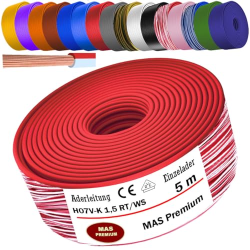 MAS Premium Von 5 bis 100m Aderleitung H07 V-K 1x1,5 mm² SW HBL GNGE GN RT DBL BR OR GR WS VIO U-MAR.BL RS RTWS DBLWS oder GE Einzelader flexibel (Rot-Weiß, 5m) von MAS Premium