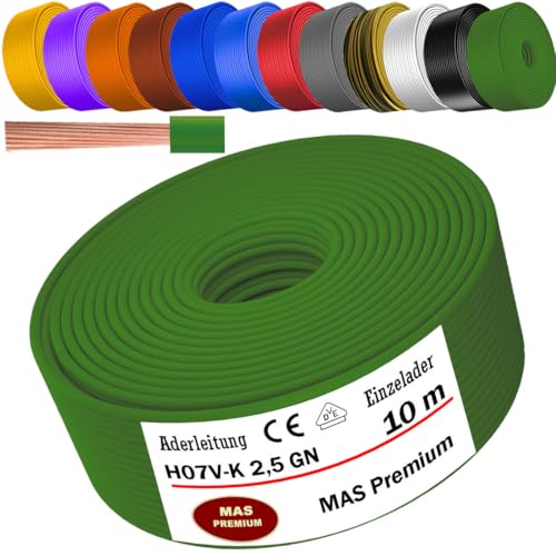 MAS Premium Von 5 bis 100m Aderleitung H07 V-K 2,5 mm² SW, HBL, GNGE, RT, DBL, BR, OR, GR, WS, VIO, GN oder GE Einzelader flexibel (Grün, 10m) von MAS Premium