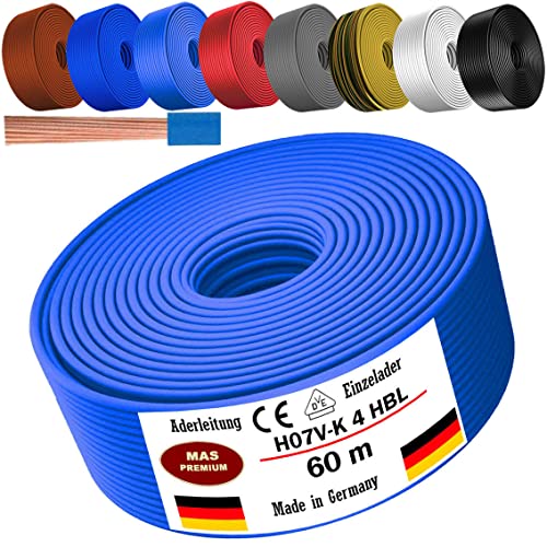 Von 5 bis 100m Aderleitung H07 V-K 4 mm² Schwarz, Braun, Dunkelblau, Grüngelb, Grau, Hellblau, Weiß oder Rot Einzelader flexibel (Hellblau, 60m) von MAS Premium