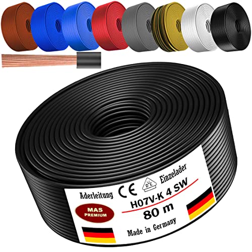 MAS Premium Von 5 bis 100m Aderleitung H07 V-K 4 mm² Schwarz, Braun, Dunkelblau, Grüngelb, Grau, Hellblau oder Rot Einzelader flexibel (Schwarz, 80m) von MAS Premium