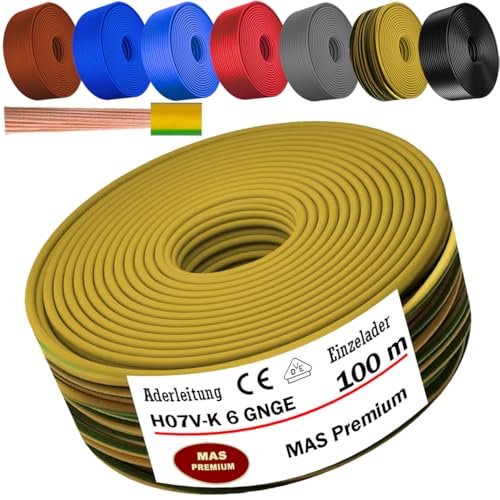 MAS Premium Von 5 bis 100m Aderleitung H07 V-K 6 mm² Schwarz, Braun, Dunkelblau, Grüngelb, Grau, Rot oder Hellblau Einzelader flexibel (Grüngelb, 100m) von MAS Premium