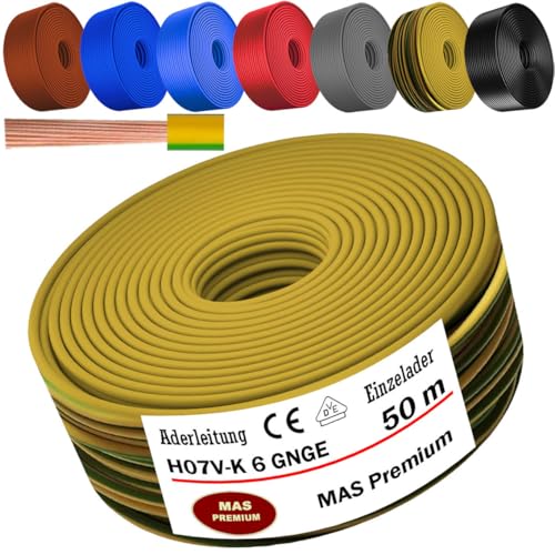 MAS Premium Von 5 bis 100m Aderleitung H07 V-K 6 mm² Schwarz, Braun, Dunkelblau, Grüngelb, Grau, Rot oder Hellblau Einzelader flexibel (Grüngelb, 50m) von MAS Premium