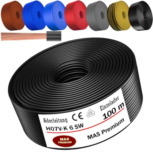 MAS Premium Von 5 bis 100m Aderleitung H07 V-K 6 mm² Schwarz, Braun, Dunkelblau, Grüngelb, Grau, Rot oder Hellblau Einzelader flexibel (Schwarz, 100m) von MAS Premium