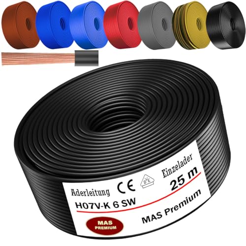MAS Premium Von 5 bis 100m Aderleitung H07 V-K 6 mm² Schwarz, Braun, Dunkelblau, Grüngelb, Grau, Rot oder Hellblau Einzelader flexibel (Schwarz, 25m) von MAS Premium