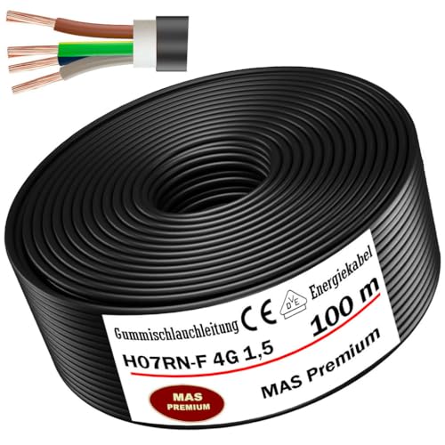 MAS Premium Von 5 bis 100m Gummischlauchleitung Energiekabel Baustellenkabel H07RN-F 4G1,5 mm² Flexibel Leitung mit Schutzleiter für schweren Geräten (100m) von MAS Premium