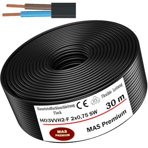 MAS Premium Von 5 bis 100m Kunststoffschlauchleitung (Flach) H03VVH2-F 2X0,75 Schwarz oder Weiß Flexible Leitung Kabel Gerätekabel (Schwarz, 30m) von MAS Premium