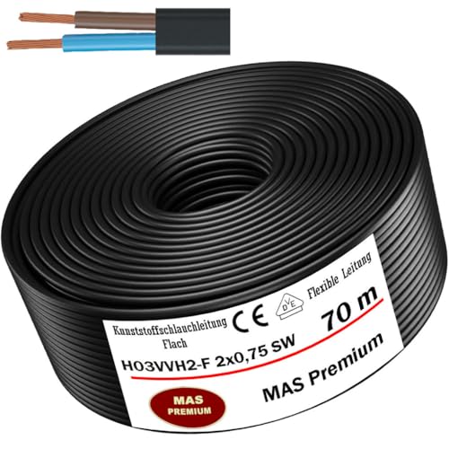 MAS Premium Von 5 bis 100m Kunststoffschlauchleitung (Flach) H03VVH2-F 2X0,75 Schwarz oder Weiß Flexible Leitung Kabel Gerätekabel (Schwarz, 70m) von MAS Premium