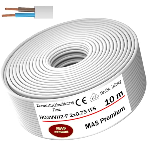 MAS Premium Von 5 bis 100m Kunststoffschlauchleitung (Flach) H03VVH2-F 2X0,75 Schwarz oder Weiß Flexible Leitung Kabel Gerätekabel (Weiß, 10m) von MAS Premium