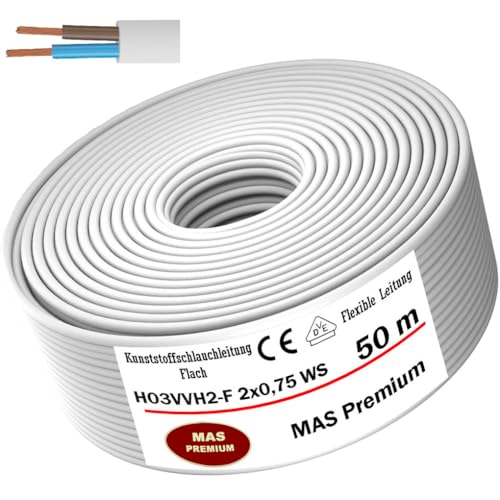 MAS Premium Von 5 bis 100m Kunststoffschlauchleitung (Flach) H03VVH2-F 2X0,75 Schwarz oder Weiß Flexible Leitung Kabel Gerätekabel (Weiß, 50m) von MAS Premium