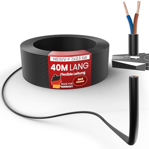 MAS Premium Von 5 bis 100m Kunststoffschlauchleitung H03VV-F 2X0,5, 2X0,75, 3G0,75 oder 4G0,75 Flexible Leitung Kabel Gerätekabel (H03VV-F 2X0,5 SW, 40m) von MAS Premium
