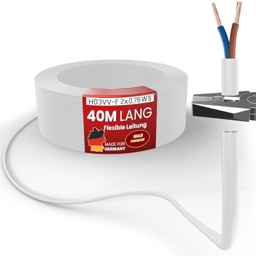 MAS Premium Von 5 bis 100m Kunststoffschlauchleitung H03VV-F 2X0,5, 2X0,75, 3G0,75 oder 4G0,75 Flexible Leitung Kabel Gerätekabel (H03VV-F 2X0,75 WS, 40m) von MAS Premium