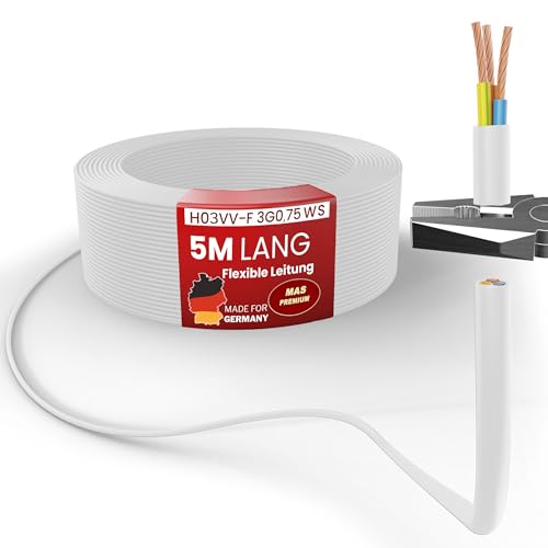 MAS Premium Von 5 bis 100m Kunststoffschlauchleitung H03VV-F 2X0,5, 2X0,75, 3G0,75 oder 4G0,75 Flexible Leitung Kabel Gerätekabel (H03VV-F 3G0,75 WS, 5m) von MAS Premium