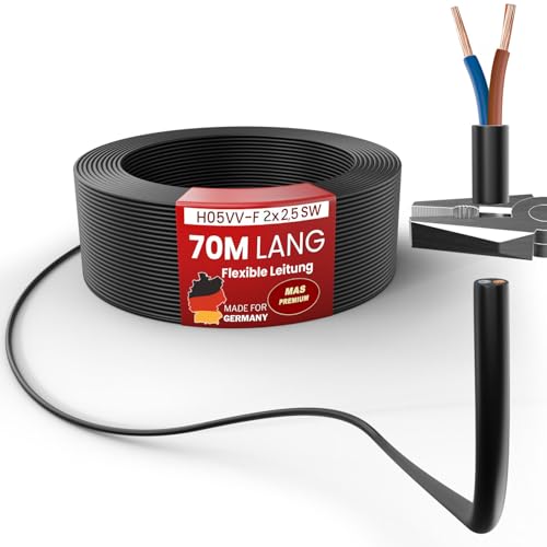 MAS Premium Von 5 bis 100m Kunststoffschlauchleitung H05VV-F 2, 3 oder 5 x0,75; x1; x1,5 oder x2,5 und 4G0,75 Flexible Leitung Kabel Leitung Gerätekabel (H05VV-F 2x2,5 SW, 70m) von MAS Premium