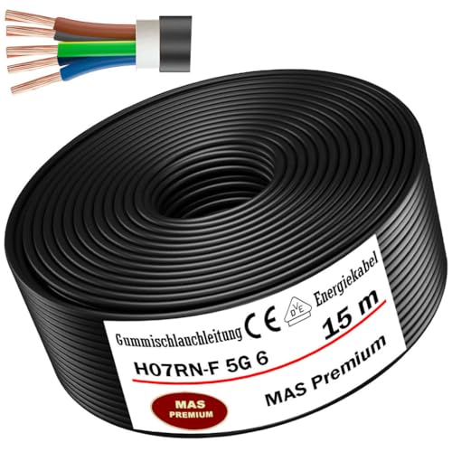 MAS Premium 5-100m Gummischlauchleitung Energiekabel Baustellenkabel H07RN-F 5G1,5, 2,5, 4, 6 oder 10 Flexibel Leitung mit Schutzleiter für schweren Geräten (H07RN-F 5G6 mm², 15m) von MAS Premium
