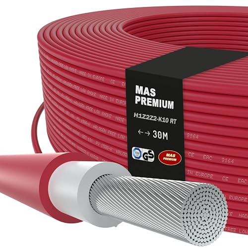 MAS-Premium Solarkabel H1Z2Z2-K, Solarleitung 10mm², TÜV-2 zertifiziert, Halogenfrei, doppelt isoliert. Frei bewegliche oder feste Verlegung in Photovoltaikanlagen. Länge: 5 bis 200m (Rot, 30m) von MAS Premium