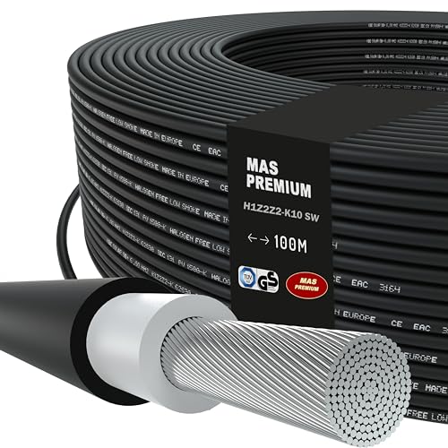 MAS-Premium Solarkabel H1Z2Z2-K, Solarleitung 10mm², TÜV-2 zertifiziert, Halogenfrei, doppelt isoliert. Frei bewegliche oder feste Verlegung in Photovoltaikanlagen. Länge: 5 bis 200m (Schwarz, 100m) von MAS Premium