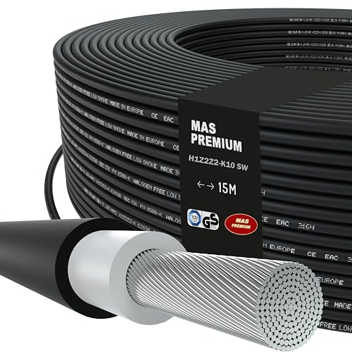 MAS-Premium Solarkabel H1Z2Z2-K, Solarleitung 10mm², TÜV-2 zertifiziert, Halogenfrei, doppelt isoliert. Frei bewegliche oder feste Verlegung in Photovoltaikanlagen. Länge: 5 bis 200m (Schwarz, 15m) von MAS Premium