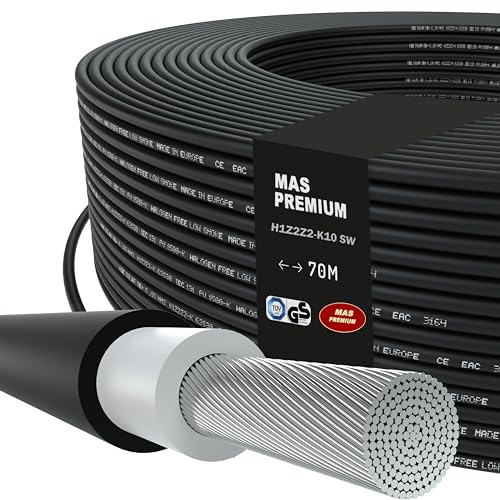 MAS-Premium Solarkabel H1Z2Z2-K, Solarleitung 10mm², TÜV-2 zertifiziert, Halogenfrei, doppelt isoliert. Frei bewegliche oder feste Verlegung in Photovoltaikanlagen. Länge: 5 bis 200m (Schwarz, 70m) von MAS Premium