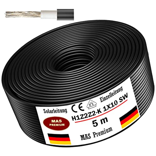 Solarleitung H1Z2Z2-K 4, 6, oder 10 mm² Von 5 bis 200m Solarkabel Schwarz, Rot oder Blau Erdverlegbare Einzelleitung Photovoltaik Halogenfrei Doppelt isoliert (H1Z2Z2-K 10, Schwarz, 5m) von MAS Premium