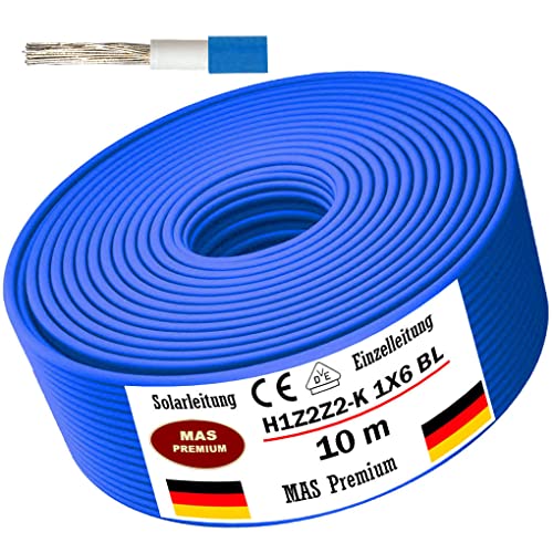 Solarleitung H1Z2Z2-K 4, 6, oder 10 mm² Von 5 bis 200m Solarkabel Schwarz, Rot oder Blau Erdverlegbare Einzelleitung Photovoltaik Halogenfrei Doppelt isoliert (H1Z2Z2-K 6, Blau, 10m) von MAS Premium