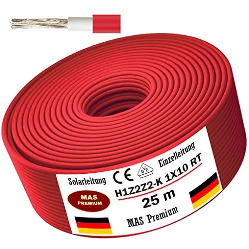 Solarleitung H1Z2Z2-K 4, 6, oder 10 mm² Von 5 bis 200m Solarkabel Schwarz, Rot oder Blau Erdverlegbare Einzelleitung Photovoltaik Halogenfrei Doppelt isoliert (H1Z2Z2-K 10, Rot, 25m) von MAS Premium