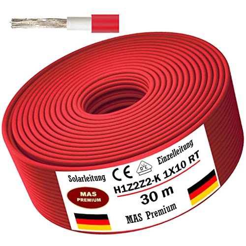 Solarleitung H1Z2Z2-K 4, 6, oder 10 mm² Von 5 bis 200m Solarkabel Schwarz, Rot oder Blau Erdverlegbare Einzelleitung Photovoltaik Halogenfrei Doppelt isoliert (H1Z2Z2-K 10, Rot, 30m) von MAS Premium