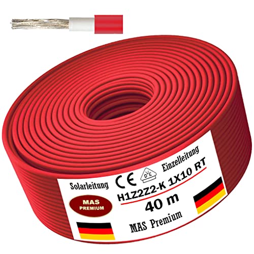 Solarleitung H1Z2Z2-K 4, 6, oder 10 mm² Von 5 bis 200m Solarkabel Schwarz, Rot oder Blau Erdverlegbare Einzelleitung Photovoltaik Halogenfrei Doppelt isoliert (H1Z2Z2-K 10, Rot, 40m) von MAS Premium