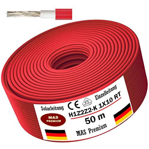 Solarleitung H1Z2Z2-K 4, 6, oder 10 mm² Von 5 bis 200m Solarkabel Schwarz, Rot oder Blau Erdverlegbare Einzelleitung Photovoltaik Halogenfrei Doppelt isoliert (H1Z2Z2-K 10, Rot, 50m) von MAS Premium