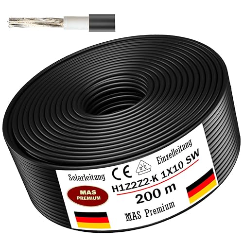 Solarleitung H1Z2Z2-K 4, 6, oder 10 mm² Von 5 bis 200m Solarkabel Schwarz, Rot oder Blau Erdverlegbare Einzelleitung Photovoltaik Halogenfrei Doppelt isoliert (H1Z2Z2-K 10, Schwarz, 200m) von MAS Premium