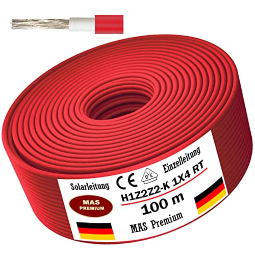 Solarleitung H1Z2Z2-K 4, 6, oder 10 mm² Von 5 bis 200m Solarkabel Schwarz, Rot oder Blau Erdverlegbare Einzelleitung Photovoltaik Halogenfrei Doppelt isoliert (H1Z2Z2-K 4, Rot, 100m) von MAS Premium