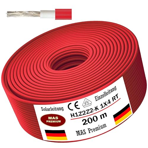 Solarleitung H1Z2Z2-K 4, 6, oder 10 mm² Von 5 bis 200m Solarkabel Schwarz, Rot oder Blau Erdverlegbare Einzelleitung Photovoltaik Halogenfrei Doppelt isoliert (H1Z2Z2-K 4, Rot, 200m) von MAS Premium