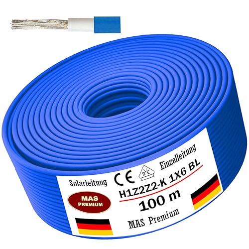 Solarleitung H1Z2Z2-K 4, 6, oder 10 mm² Von 5 bis 200m Solarkabel Schwarz, Rot oder Blau Erdverlegbare Einzelleitung Photovoltaik Halogenfrei Doppelt isoliert (H1Z2Z2-K 6, Blau, 100m) von MAS Premium
