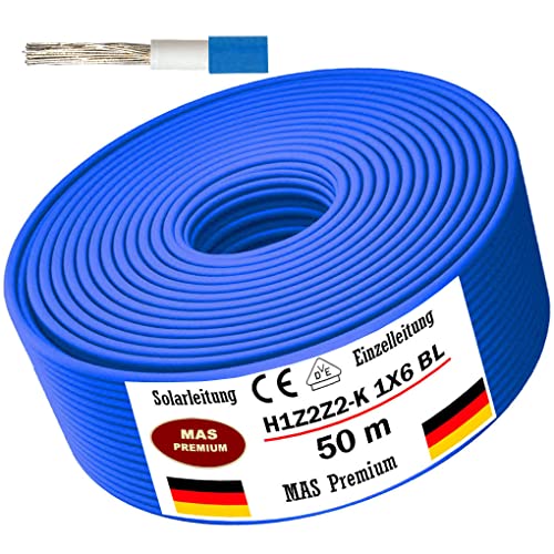 Solarleitung H1Z2Z2-K 4, 6, oder 10 mm² Von 5 bis 200m Solarkabel Schwarz, Rot oder Blau Erdverlegbare Einzelleitung Photovoltaik Halogenfrei Doppelt isoliert (H1Z2Z2-K 6, Blau, 50m) von MAS Premium