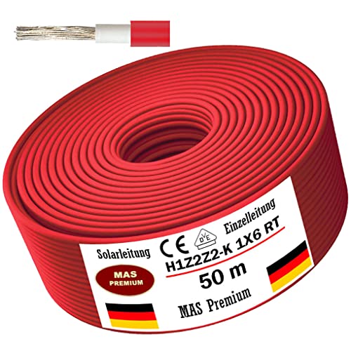 Solarleitung H1Z2Z2-K 4, 6, oder 10 mm² Von 5 bis 200m Solarkabel Schwarz, Rot oder Blau Erdverlegbare Einzelleitung Photovoltaik Halogenfrei Doppelt isoliert (H1Z2Z2-K 6, Rot, 50m) von MAS Premium