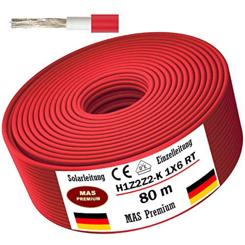 Solarleitung H1Z2Z2-K 4, 6, oder 10 mm² Von 5 bis 200m Solarkabel Schwarz, Rot oder Blau Erdverlegbare Einzelleitung Photovoltaik Halogenfrei Doppelt isoliert (H1Z2Z2-K 6, Rot, 80m) von MAS Premium