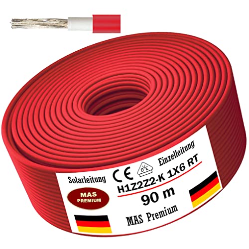 Solarleitung H1Z2Z2-K 4, 6, oder 10 mm² Von 5 bis 200m Solarkabel Schwarz, Rot oder Blau Erdverlegbare Einzelleitung Photovoltaik Halogenfrei Doppelt isoliert (H1Z2Z2-K 6, Rot, 90m) von MAS Premium