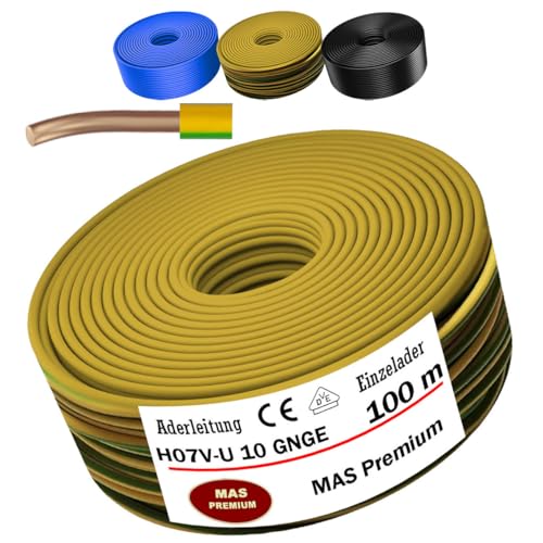 MAS Premium 5-100m Aderleitung Eindrähtig H07 V-U 4 6 10 16 Einzelader starr (H07 V-U 10 GNGE, 100m) von MAS Premium