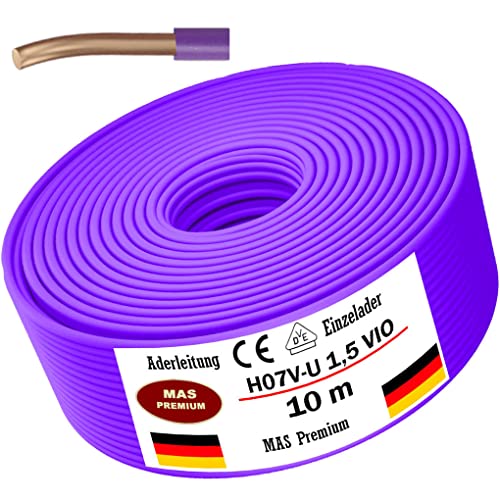 Von 5 bis 100m Aderleitung Eindrähtig H07 V-U 1x1,5 mm² Violett(Lila) Einzelader starr (10m) von MAS Premium