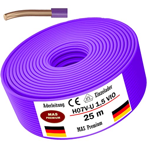 Von 5 bis 100m Aderleitung Eindrähtig H07 V-U 1x1,5 mm² Violett(Lila) Einzelader starr (25m) von MAS Premium
