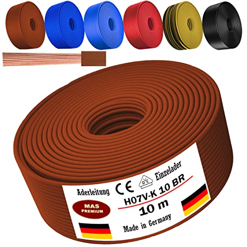 Von 5 bis 100m Aderleitung H07 V-K 10 mm² Schwarz, Braun, Dunkelblau, Grüngelb, Hellblau oder Rot Einzelader flexibel (Braun, 10m) von MAS Premium