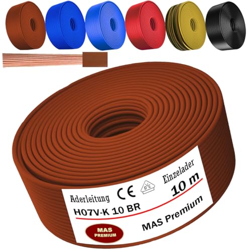 MAS Premium Von 5 bis 100m Aderleitung H07 V-K 10 mm² Schwarz, Braun, Dunkelblau, Grüngelb, Hellblau oder Rot Einzelader flexibel (Braun, 10m) von MAS Premium